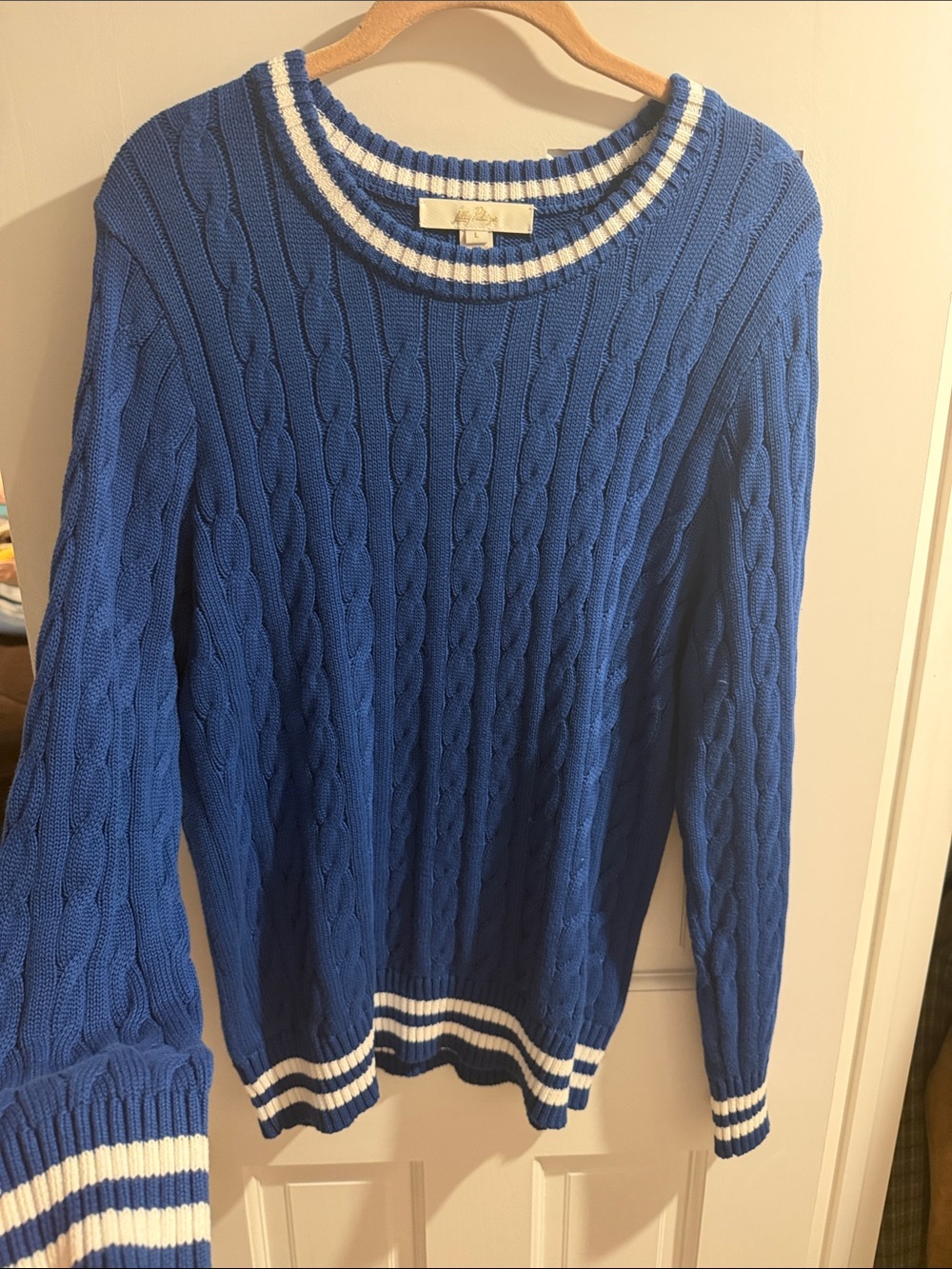 Lilly Pulitzer Blue Cable-Knit Crewneck Sweater with White Stripes
